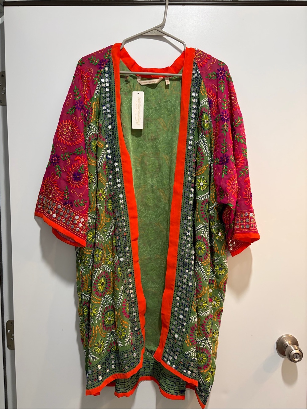 Soft Surroundings Green Top with Orange Trim